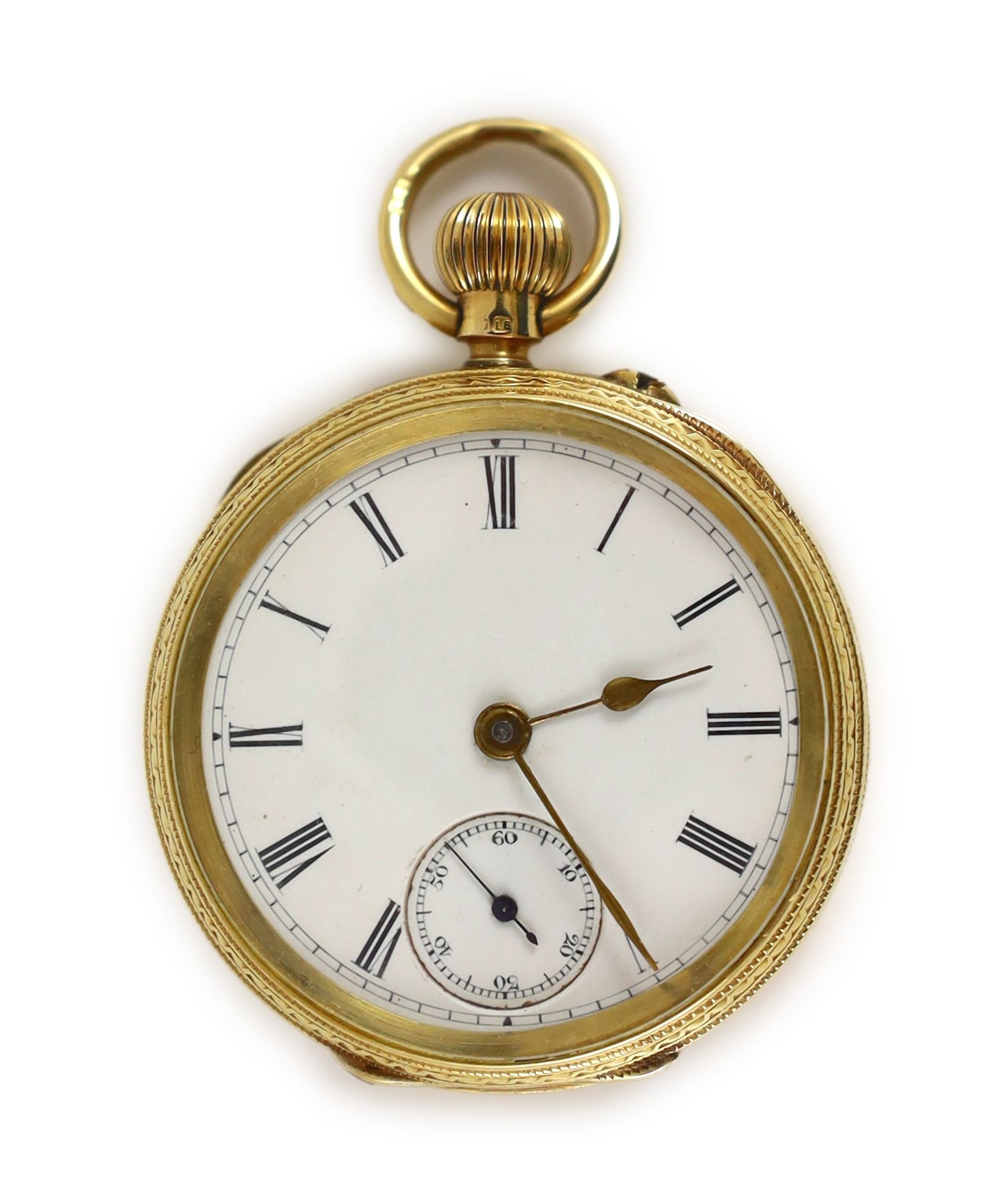 A late Victorian engraved 18ct gold keyless pocket watch
